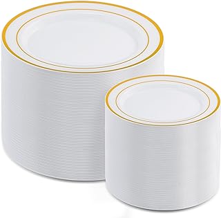 Photo 1 of AOZITA 200 Pieces Disposable Gold Plastic Plates for Party, Premium Heavy Duty Plastic Plates - 100 Plastic Dinner Plates and 100 Dessert Appetizer Plates for Party Wedding https://a.co/d/1dam6vS