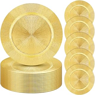 Photo 1 of Yinder Set of 24 Round 13" Gold Charger Plates Plastic Reef Plate Chargers Decorative Plates for Table Elegant Gold Decor Plates for Wedding Event Banquet Holiday Birthday Party Place Setting https://a.co/d/cY3i04i