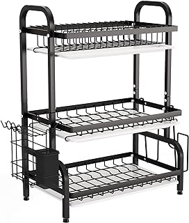 Photo 1 of 1Easylife Drying Rack, Metal 3-Tier Large Capacity Dish Rack with Utensil Holder, Cutting Board Holder, Drain Board Tray for Kitchen Counter Storage (Black) https://a.co/d/83tR2n2