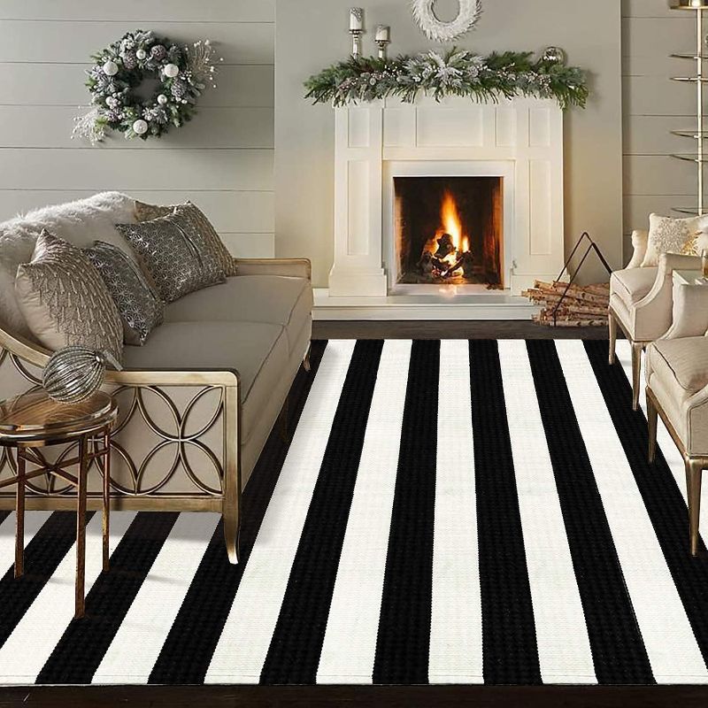 Photo 1 of LEEVAN Outdoor Rug 5x8 Black and White Patio Decor Rug, Cotton Washable Indoor Outdoor Rug, Farmhouse Woven Porch Front Rug Reversible Foldable Rug Layered Door Mat for Porch/Front Door/Entrance
