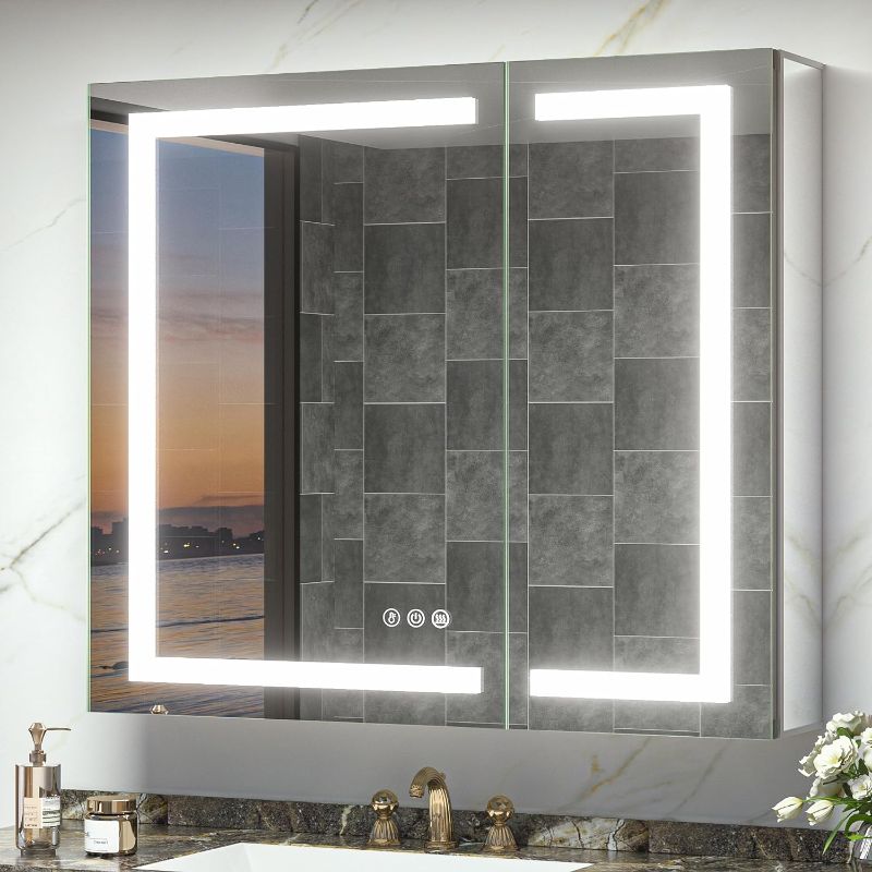 Photo 1 of TokeShimi 36x32 Mirror Midicine Cabinet with Light and Electrical Outlet, Frontlit Anti-Fog 3 Colors Temperature Dimmable Surface or Recessed Mount for Bathroom Vanity and Modern Decor

