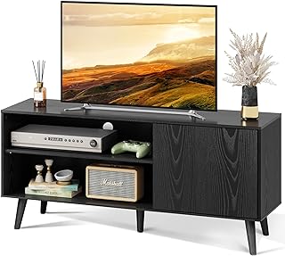 Photo 1 of Iwell TV Stand for 55 inch TV, Mid Century Modern TV Stand with Storage, Entertainment Center with 2 Cabinet & 2 Shelves, Retro TV Console Table for Living Room, Bedroom, Black Oak https://a.co/d/dXVCGIz