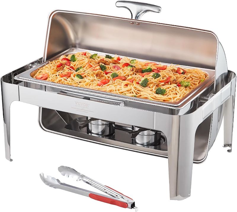 Photo 1 of VEVOR Roll Top Chafing Dish Buffet Complete Set, 9 Qt Stainless Steel Chafer with Full Size Pan, Rectangle Catering Warmer Server with Lid Water Pan Stand Fuel Holder Meal Clip, for at Least 9 People

