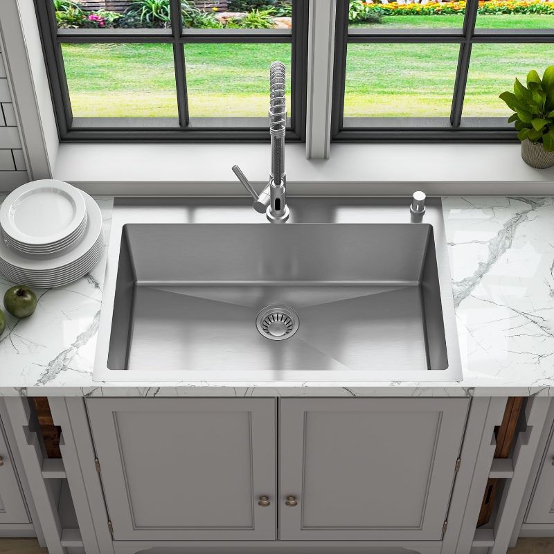Photo 1 of Sinber 33" x 22" x 9" Drop In Single Bowl Kitchen Sink with 18 Gauge 304 Stainless Steel Satin Finish HT3322S-S-9 (Sink Only)
