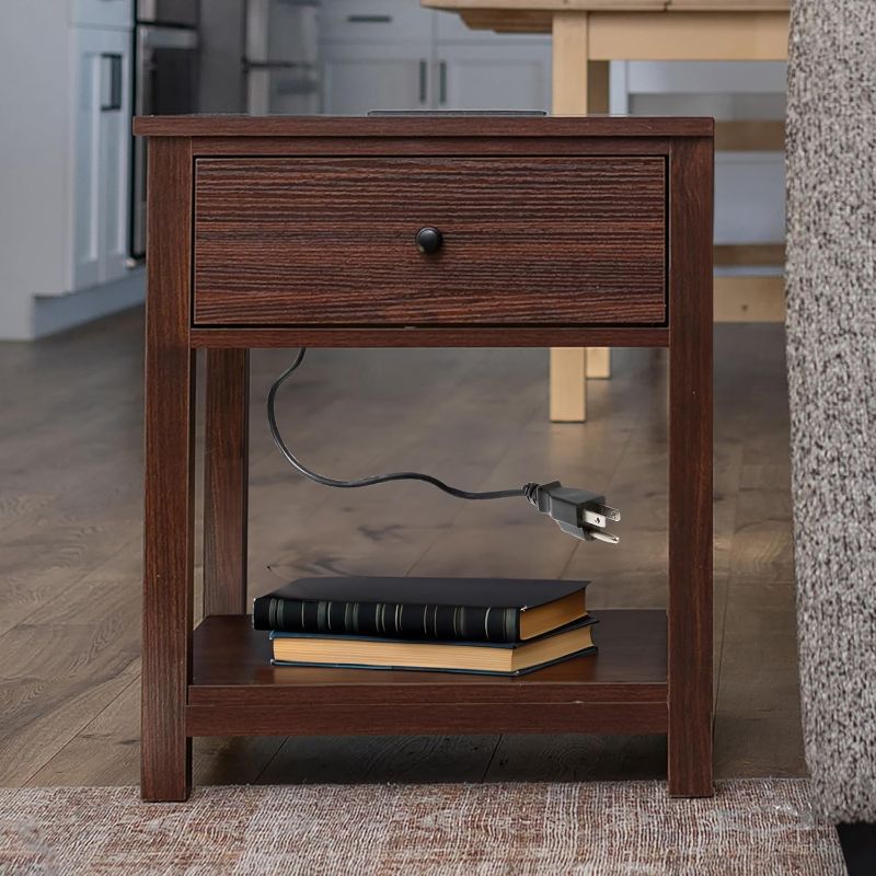 Photo 1 of Wood Veneer Side Table with Charging Station - Wood Nightstand Smart Bedside Table with Charging Station, Drawer & Shelf - with 2 USB Ports & 2 Outlets - 22" Tall (Walnut)
