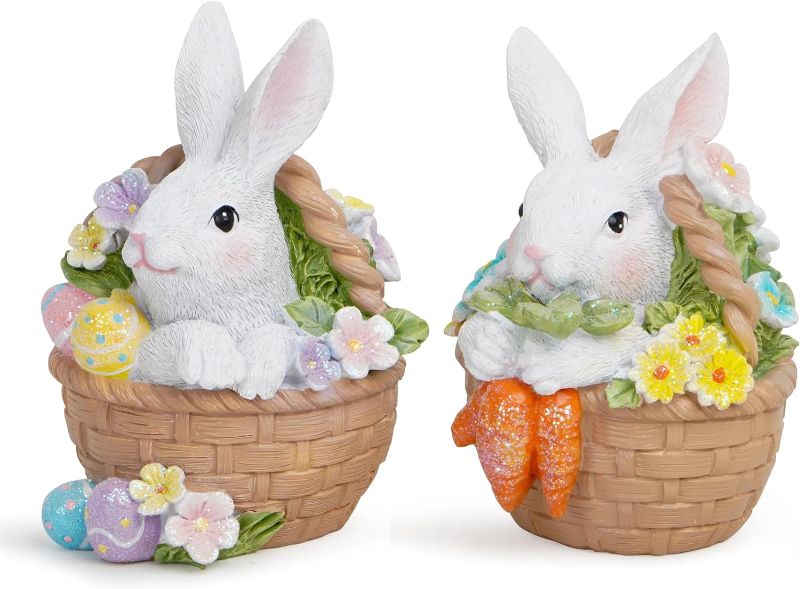 Photo 1 of Hodao 2 PCS Easter Bunny Decorations Spring Flower Basket Bunny Figurines Decor Easter Day Tabletopper Bunny Decorations for Easter Party Home Holiday Cute Rabbit Easter Day Gifts Decor (Brown)
