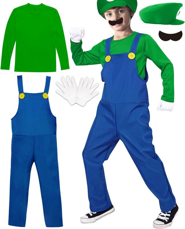 Photo 1 of Plumber Costume for Kids-Plumber Costume for Boys Halloween Cosplay Jumpsuit with Hat Mustache Gloves Small