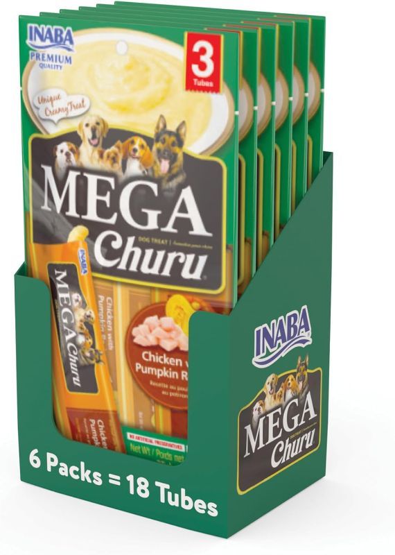 Photo 1 of INABA Mega Churu for Dogs, Grain-Free, Lickable, Squeezable Creamy Purée Dog Treat/Topper with Vitamin E, 1.69 Ounces Each Tube, 18 Tubes Total (3 per Pack) (Chicken with Pumpkin Recipe) (BB 06/08/2024)
