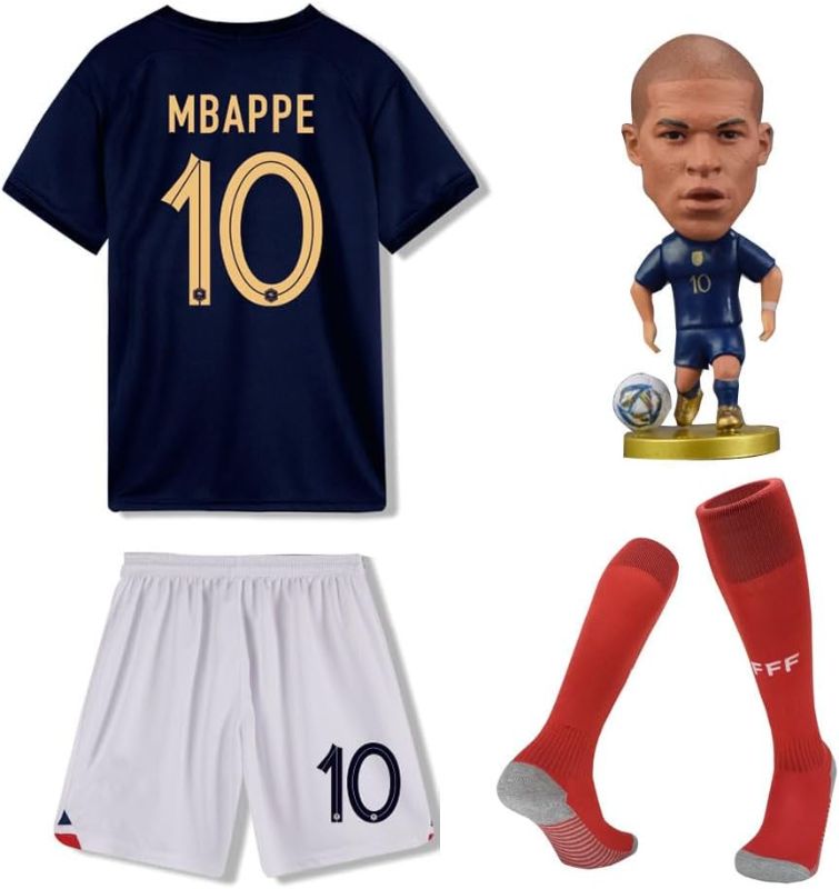 Photo 1 of #10 Kids Soccer Jersey Youth France Football Suit Sportswear Shirt Whith Sock and Doll for boy and Girl 12-13YRS