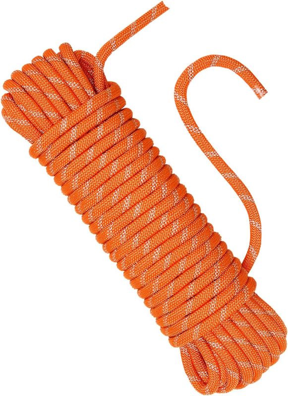 Photo 1 of 3/8 in (10mm) x 32 ft (10Meters) Nylon Static Rock Climbing Rope Rappelling Rope Rescue Rope Boat Rope Anchor Dock Lines Tree Climbing Felling Rope Hoist Rigging Line Reflective Orange
