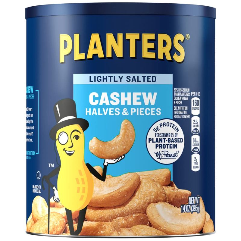 Photo 1 of PLANTERS Lightly Salted Cashew Halves & Pieces, 14 oz Canister (Pack of 3), Cashews Roasted in Peanut Oil with Sea Salt, Snacks for Adults, Resealable Lid for Long-Lasting Freshness, Kosher (BB 05/20/24)