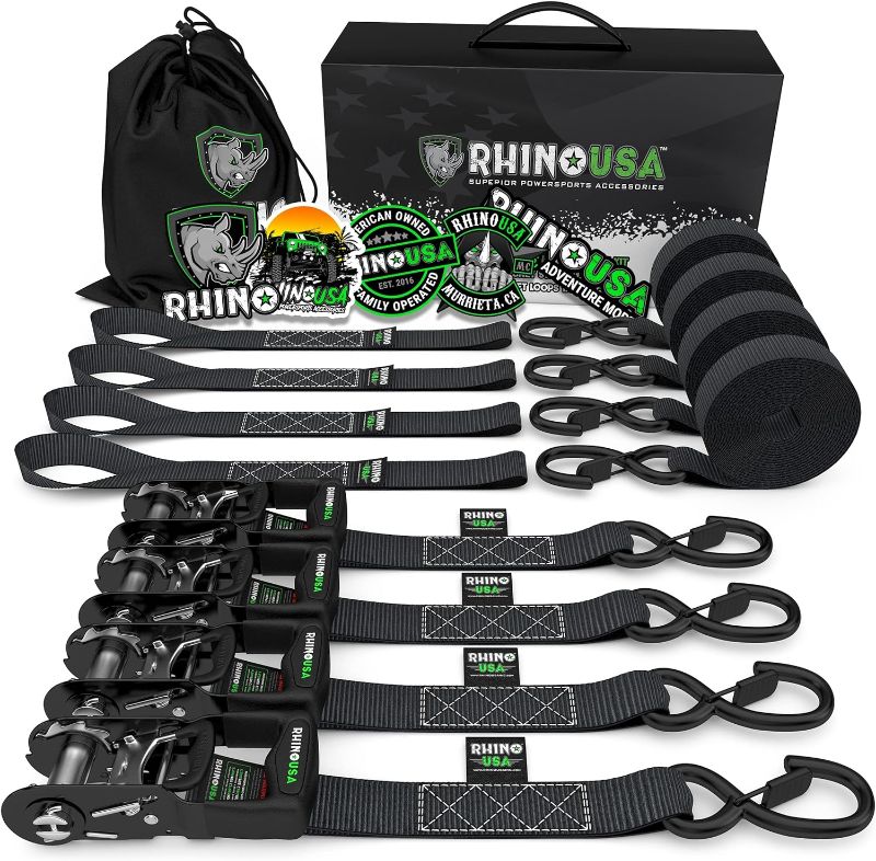 Photo 1 of RHINO USA Ratchet Straps Tie Down Kit for ATV, 5,208 Break Strength - Includes (4) Heavy Duty Rachet Tiedowns with Padded Handles & Coated Chromoly S Hooks + (4) Soft Loop Tie-Downs,Black
