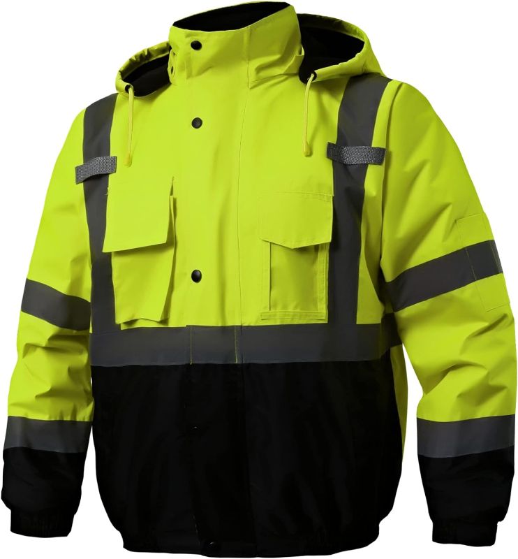 Photo 1 of Safety Jacket, High Visibility Reflective Bomber Jackets for Men, Hi-Vis Construction Jacket Large 