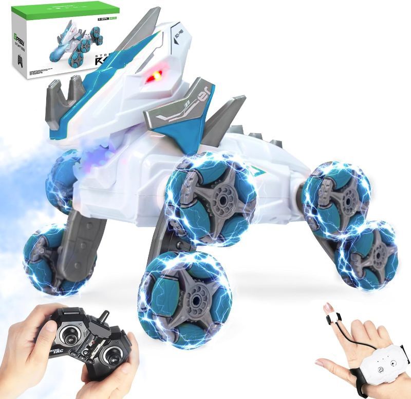 Photo 1 of Dinosaur Gesture Sensing RC Stunt Car with Spray Fog Steam, 8WD RC Drift Car Transformed Vehicle Wheel 360° Spins for Age 8-13,All Terrains Monster Truck for Boys Kids ?Blue?
