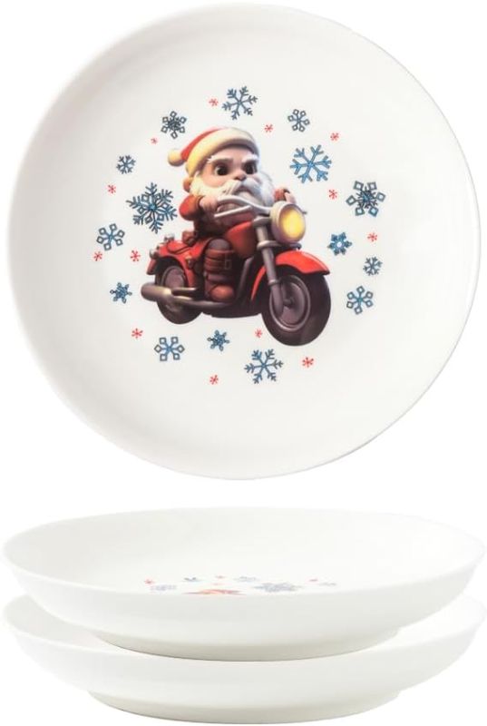 Photo 1 of Cute Christmas Salad Bowls,Santa Claus Riding Motorcycle Design,8 Inch Ceramic Dessert Candy Cookie Serving Snow Bowls Set of 3,Perfect for Holiday Party and Dinnerware.
