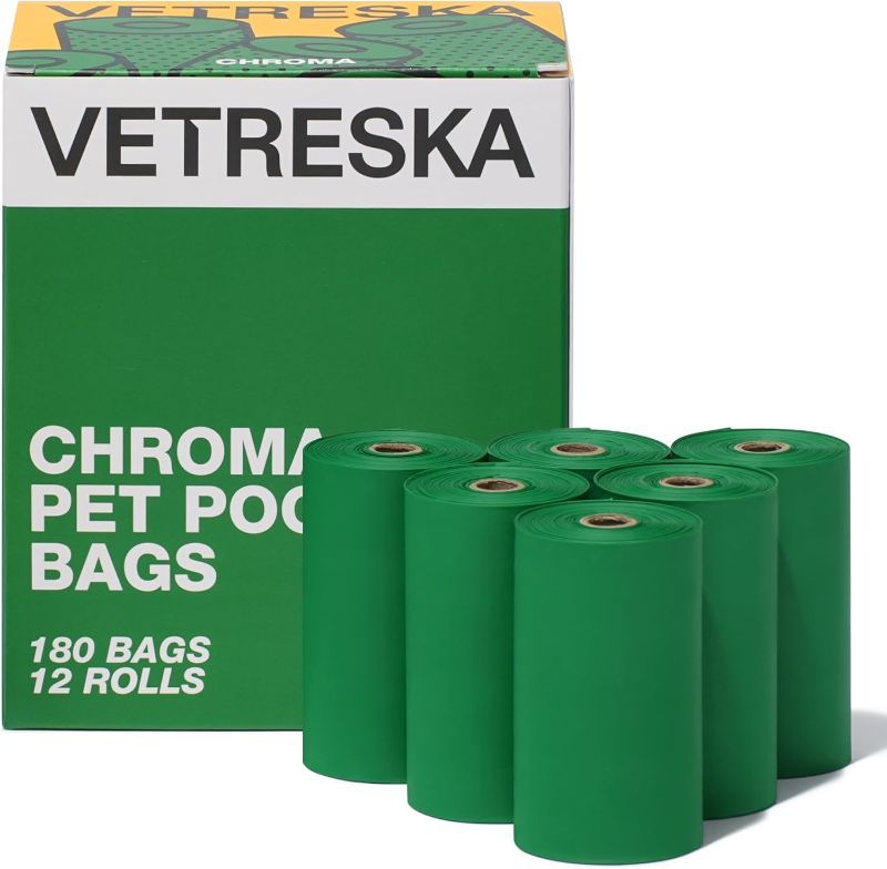 Photo 1 of VETRESKA Home Compostable Chroma Dog Poop Bags, Leak Proof, Extra Thick and Unscented Pet Waste Bags for Dog Walking and Cat Litter, 12 Refill Rolls, 180 Bags, Green
