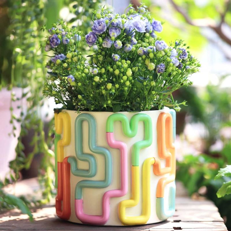 Photo 1 of GUGUGO Colorful Squiggle Lines Planters Cute Unique Rainbow Planter with Drainage, Vintage Retro Flower Plant pots for Indoor & Outdoor Plants, Eclectic Succulent Gardening Pot for Boho Modern Décor

