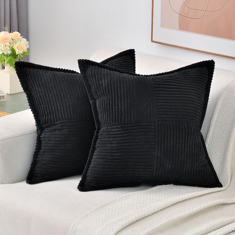 Photo 1 of Black Throw Pillow Covers 18x18 Inch Set of 2,Soft Solid Corduroy Striped/Wide Bordered,Square Decorative Cushion Case,Winter Home Decorations for Couch,Bed
