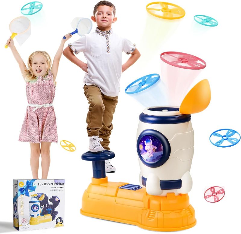 Photo 1 of Indoor Outdoor Toys for Kids,LOREINTA Flying Disc Launcher Toy 3 4 5 6 Year Old Kids with 8 flying Saucers 2 Net Pockets Hand Eye Coordination STEM Toys for Kids Ages 4-8+ Gift for Birthday Christmas
