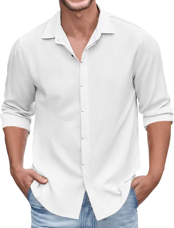 Photo 1 of Runcati Mens Button Down Shirt Casual Work Long Sleeve Textured Summer Hippie Shirts Large WHITE