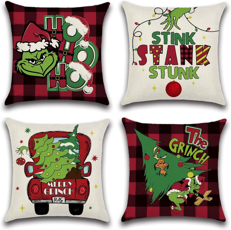 Photo 1 of Christmas Pillow Covers 18x18 Set of 4 Throw Pillow Covers Decorative Pillow Covers for Farmhouse Home Decor Sofa Couch Chair Bed Bedroom Living Room (Christmas Grinch)
