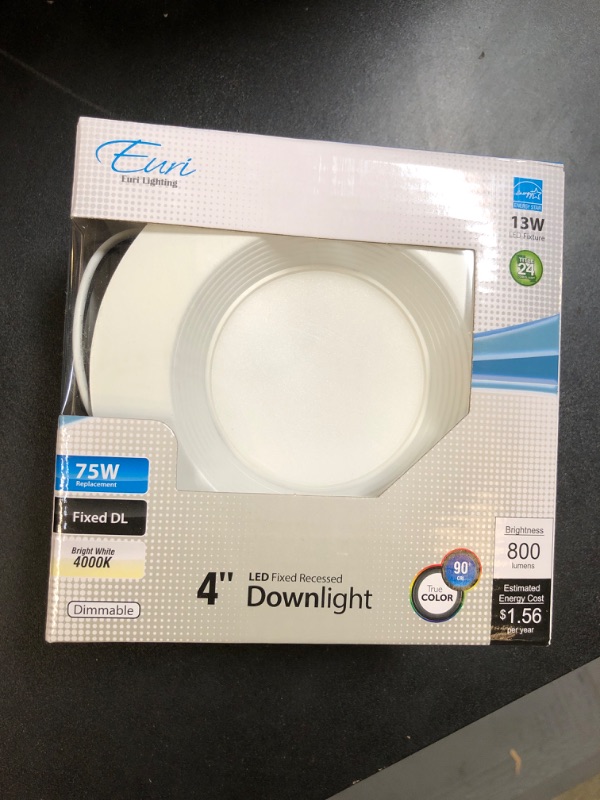 Photo 1 of Euri Lighting DLC4-1040e LED 4" Downlight, Retrofit Line, Bright White 4000K, Dimmable 13W (75W Equivalent) 800 lm 95 Degree Beam Angle, 90+ CRI, E26 Adapter, UL & Energy Star Listed, T24 Bright White 4", (1 Count) 75 Watts