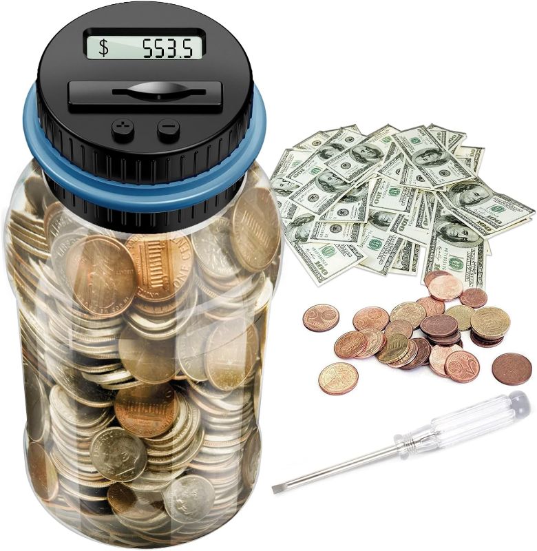 Photo 1 of Digital Coin Bank for Boys Girls Adults, Glowing Piggy Bank Savings Jar with LCD Counter Display, 1.8L Large Digital Counting Money Jar for Adults Kids, Designed for All US Coins, Blue
