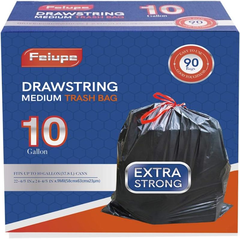 Photo 1 of 10 Gallon Drawstring Trash Bag Garbage Bag Trash Can Liner,0.9 Mil,90 Count (Black, 10 Gallon)
