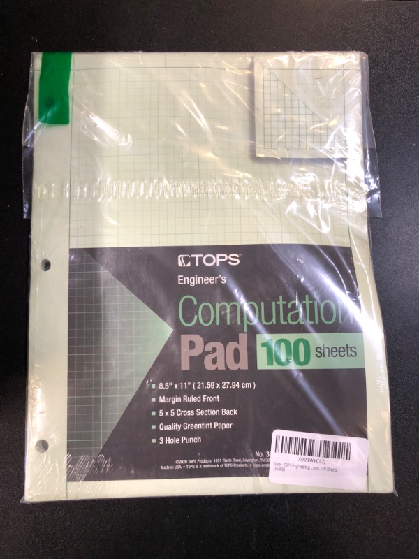 Photo 2 of TOPS Engineering Computation Pad, 8-1/2" x 11", Glue Top, 5 x 5 Graph Rule on Back, Green Tint Paper, 3-Hole Punched, 100 Sheets (35500)
