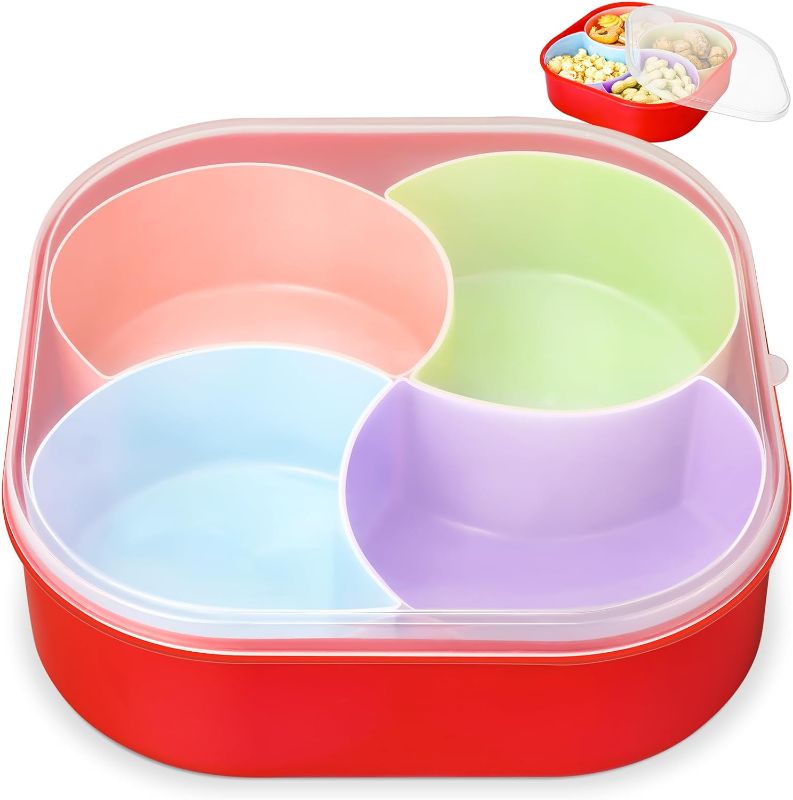 Photo 1 of 2 Pcs Divided Snack Serving Tray with Lid 10 Inch Compartment Colored Compartment Plastic Fruit Serving Container for Nuts Candy Veggie Appetizer Platter Covered Compartment Tray (Square)
