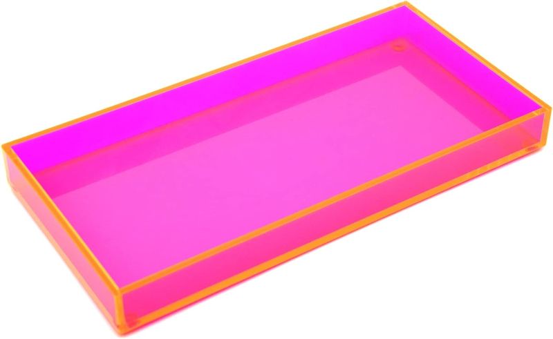 Photo 1 of Acrylic Vanity Tray Decorative Bathroom Tray Perfume Jewelry Makeup Tray for Dresser Tops Small Desk Organizer Candle Sink Tray for Counter, Neon Pink
