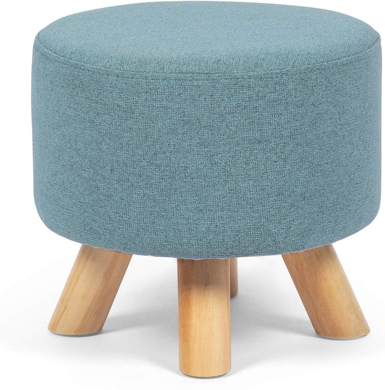 Photo 1 of Modern Round Ottoman Foot Rest Stool/Seat with Linen Fabric and Non-Skid Wooden Legs (Blue)
