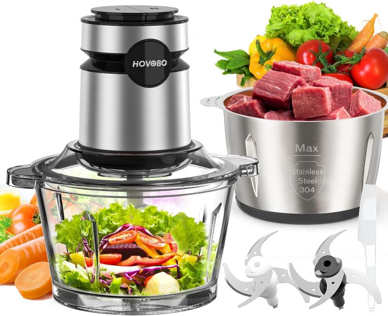Photo 1 of Food Processor, 500W Electric Meat Grinder Food Chopper with Two 8 Cup Bowls & 2 Bi-Level Blades, 2 Speed Kitchen Cutter for Vegetable, Onion, Garlic, Meat, Nuts, and Baby Food, Black
