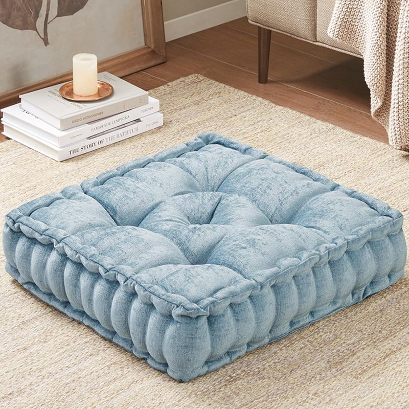 Photo 1 of Intelligent Design Azza Floor Pillow, Large Cushions Sitting for Adults, Floor Pillow for Meditation or Yoga, Lustrous Chenille Tufted with Scalloped Edges for Bench/Chair Cushion, 20"x20"x5" Aqua
