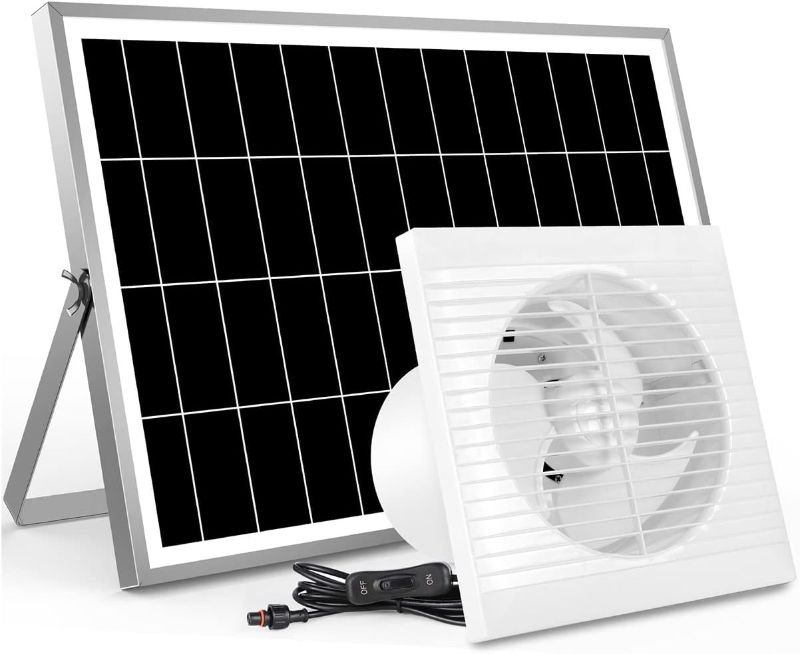 Photo 1 of Solar Powered Exhaust Vent Fan Large Air Flow for Greenhouse, Shed, Chicken Coop, Trailer, Outside, 30W Solar Panel with Mount Bracket 8 Inch DC Fan with Flapper 13Ft On/Off Switch Cable
