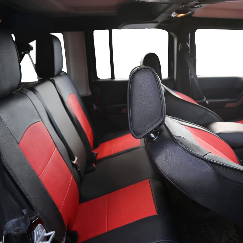 Photo 3 of OASIS AUTO 2018-2025 Wrangler JL 4 Door Custom Leather Seat Covers (W/O Rear Cup Holder, Black&red)
