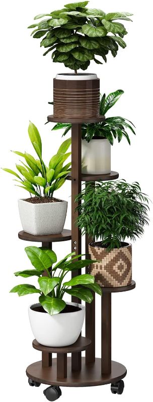 Photo 1 of FILWH Plant Stand For Outdoor Indoor Tall Bamboo Movable Flower Stand With Wheels Plant Shelf Pot Holder Plants Corner Display Rack Multiple Planter For Living Room Balcony Garden Patio (Brown)
