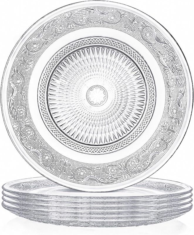 Photo 1 of Elsjoy Set of 6 Glass Dinner Plate, 10 Inch Large Serving Plate Round Clear Glass Plate, Vintage Embossed Dinnerware for Pasta, Salad, Home Wedding Decor
