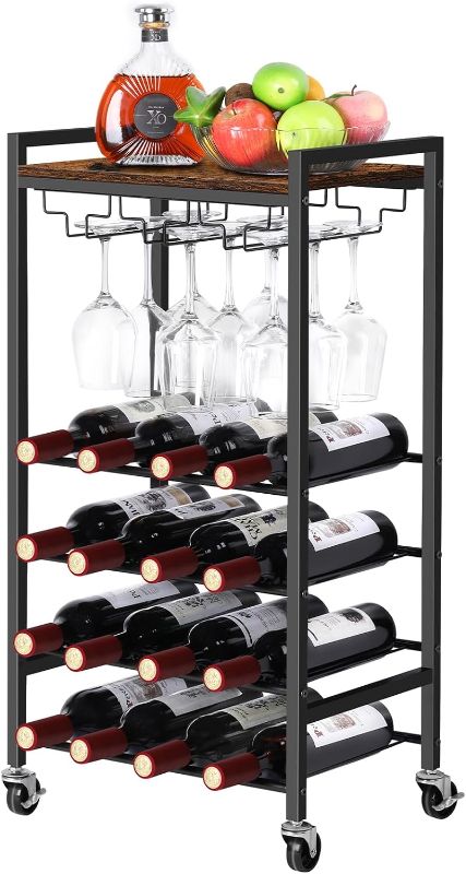 Photo 1 of YBING Wine Rack Freestanding Floor Rolling Small Wine Bottle Cabinet with 9 Glass Holder 16 Bottle Liquor Bar Cart for Kitchen Living Room Brown
