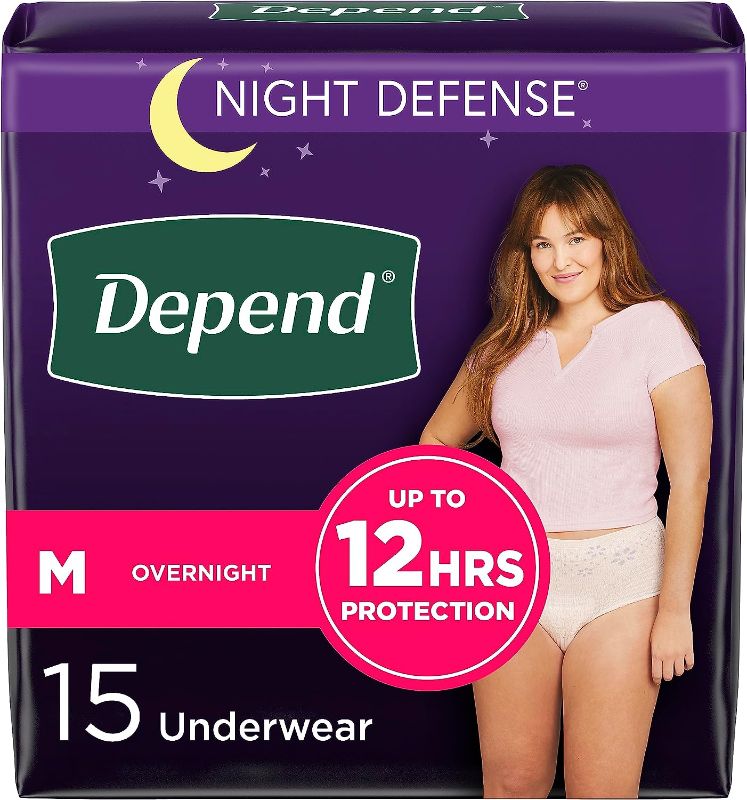 Photo 1 of Depend Night Defense Adult Incontinence & Postpartum Bladder Leak Underwear for Women, Disposable, Overnight, Medium, Blush, 15 Count, Packaging May Vary