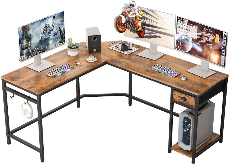 Photo 1 of Furologee L Shaped Computer Desk with Drawer and Shelves, 59"Large Corner Desk with 2 Hooks, Gaming Desk Modern Office Desk Writing Study Table Workstation for Home Office, Space-Saving, Rustic Brown
