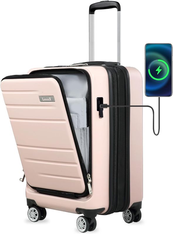 Photo 1 of LUGGEX Carry On Luggage with Front Pocket, Expandable Polycarbonate Hard Shell Suitcase with USB Port (Pink, 20 Inch) Pink 20
