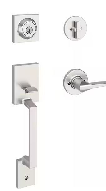 Photo 1 of Amador Satin Nickel Entry Door Handleset with Round Rose Hollis Lever Featuring SmartKey Security
