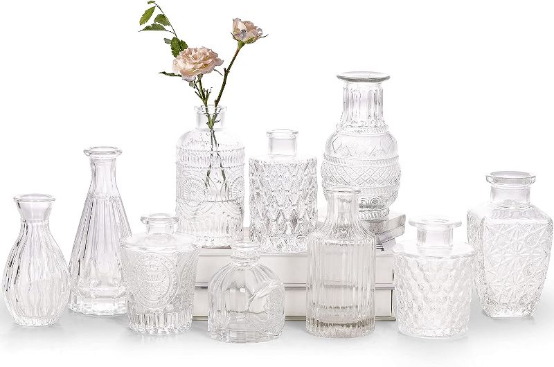 Photo 1 of Glass  Vase Set of 10 - Small Vases for Flowers, Clear Bud Vases in Bulk, Cute Glass Vases for Centerpieces, Mini Vintage Vase for Rustic Wedding Decorations, Home Table Flower Decor