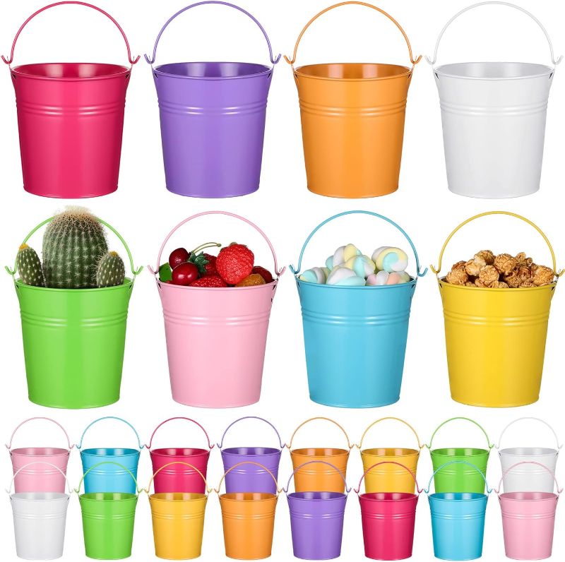 Photo 1 of 24 Pieces Small Metal Buckets Colored Galvanized Bucket Round Metal Pail for Kids Classroom Candy Crafts Christmas Halloween Thanksgiving Party Favor (5.71 Inch,with Handle)
