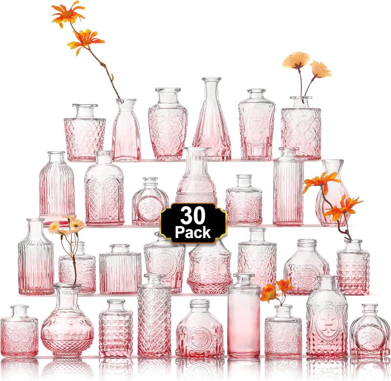 Photo 1 of Arme  Vase Set of 30, Pink Vases in Bulk Bud Vase for Flower Small Glass Vases for Wedding Centerpieces, Vintage Cute Mini Flower Vases, Home Table Flower Decor