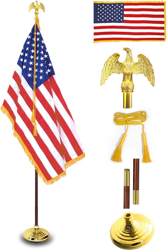 Photo 1 of ANLEY 8 Ft Presidential Deluxe Indoor USA Flag Pole Set - 8' Oak Pole, Gold Fringed US Flag, Stand, Cord Tassel and Eagle Top Ornament for Offices, Schools, Churches & Auditoriums 8 Foot High
