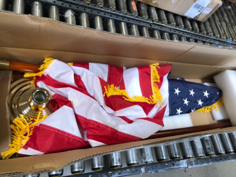 Photo 2 of ANLEY 8 Ft Presidential Deluxe Indoor USA Flag Pole Set - 8' Oak Pole, Gold Fringed US Flag, Stand, Cord Tassel and Eagle Top Ornament for Offices, Schools, Churches & Auditoriums 8 Foot High
