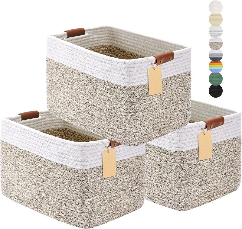 Photo 1 of Storage Basket, 15" Lx10 Wx9.5 H Cotton Rope Baskets for Organizing, Woven Baskets for Storage with Handles, Decorative Baskets for Shelves, Storage Bins for Living Room-3 Pack,White Brown
