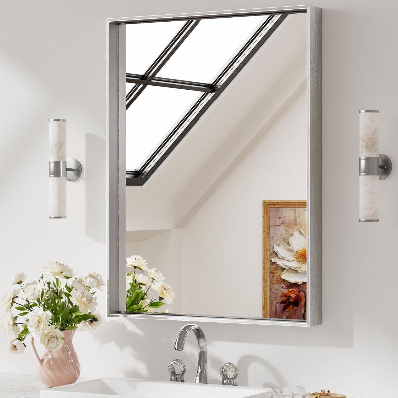 Photo 1 of Keonjinn Brushed Nickel Bathroom Mirrors for Wall 24” x 32” Rectangle Vanity Mirror Silver Farmhouse Mirror Modern Metal Framed Rectangular Mirror, Decorative Square Corner Mirror(Horizontal/Vertical)
